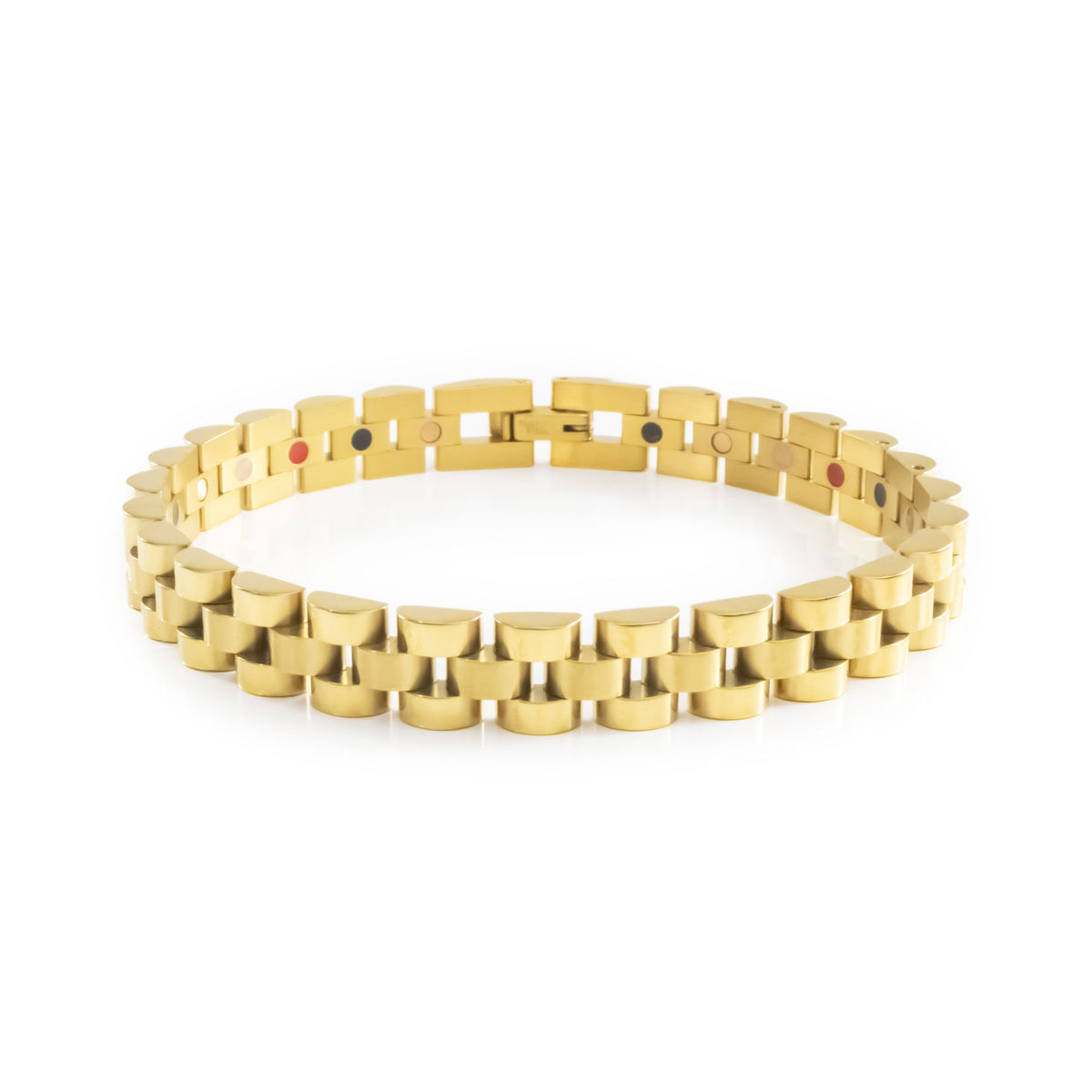 Golden Breath gold stainless steel bracelet front view showing brushed center links and polished gold borders.