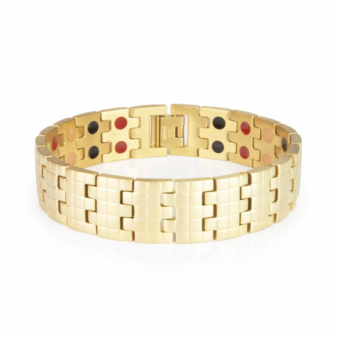 Golden Light matte gold stainless steel bracelet front view showing engraved checkered pattern and sleek brushed finish.
