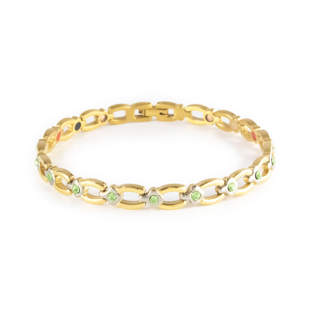 Grandeur gold-plated titanium bracelet with green crystal accents clasped front view.