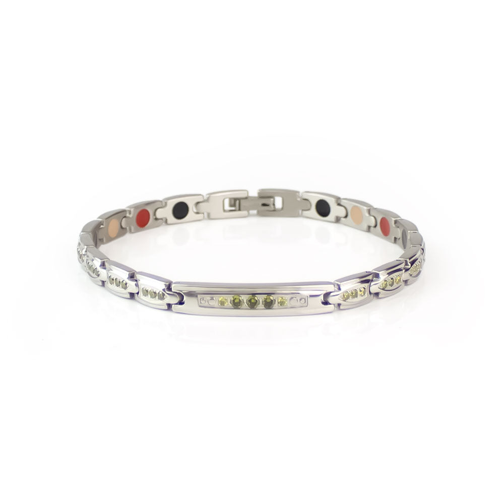 Labor Day Sale - Harlequin - Premium Hand Mineral-Infused Negative Ion Bracelet, Stainless Steel, Swarovski Crystal Detail, Boutique Everyday Wear, Secure Branded Buckle, Jointed Comfort Fit, Limited Lifetime Warranty