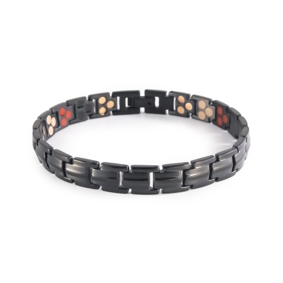 Horizon polished black stainless steel bracelet clasped front view.