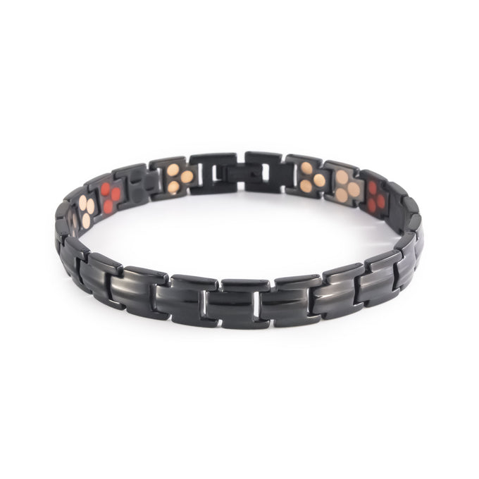 Horizon polished black stainless steel bracelet clasped front view.