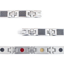 Close-up of Impact bracelet highlighting carbon fiber inlay, cross-shaped links, and single row of embedded negative ion elements.