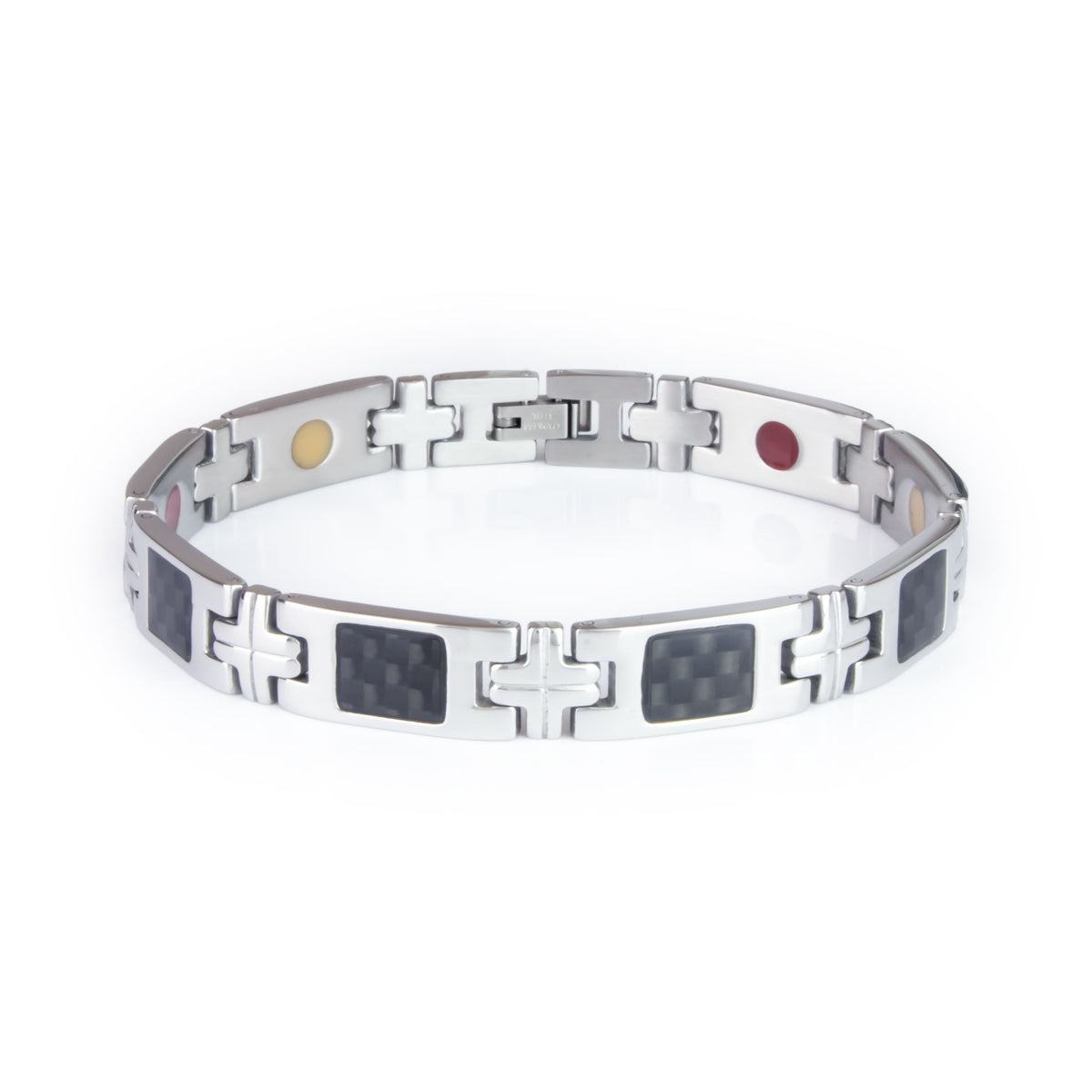 Impact stainless steel bracelet front view showing carbon fiber inlay links and cross-shaped spacer links with engraved lines.