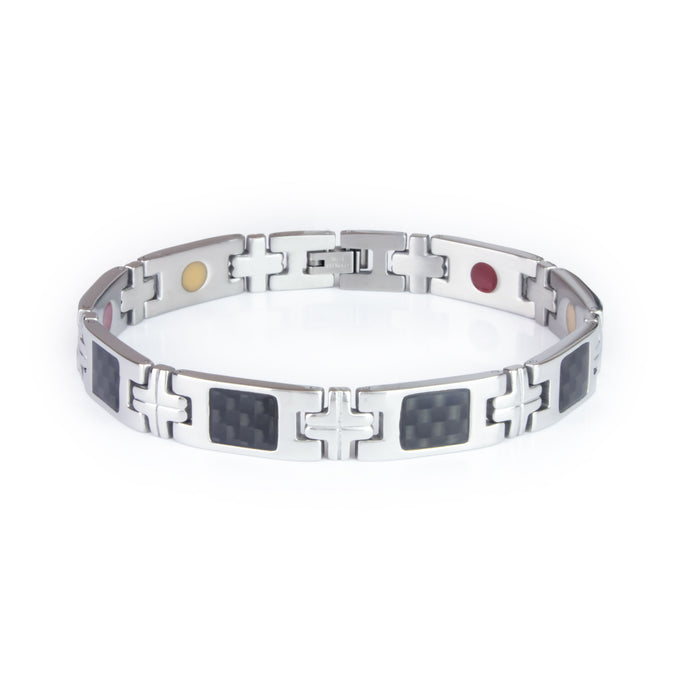 Impact stainless steel bracelet front view showing carbon fiber inlay links and cross-shaped spacer links with engraved lines.