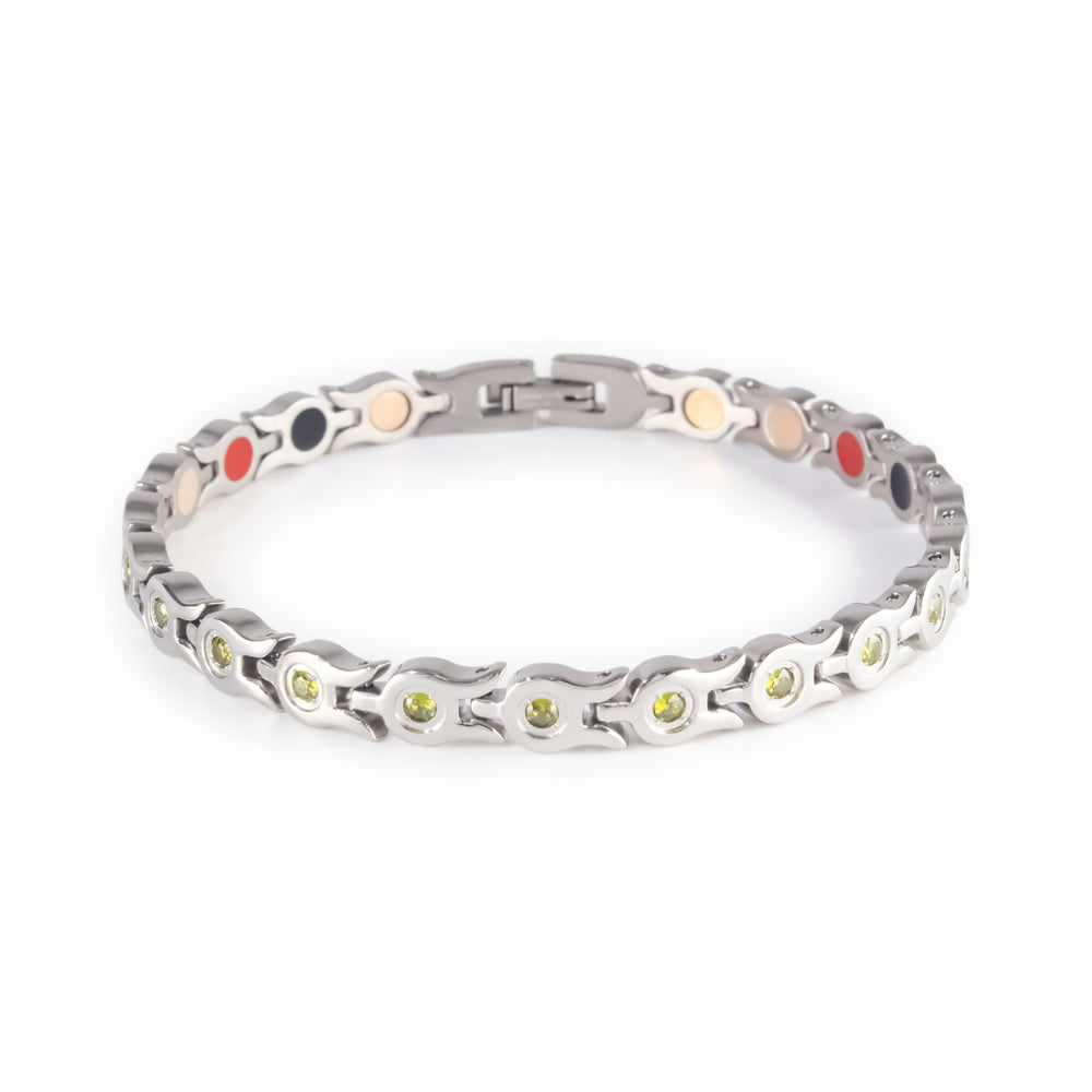 Stainless steel bracelet with small green crystals displayed clasped in front view.