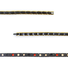 Close-up of Lineage negative ion bracelet links with black stainless steel and gold to show detail.