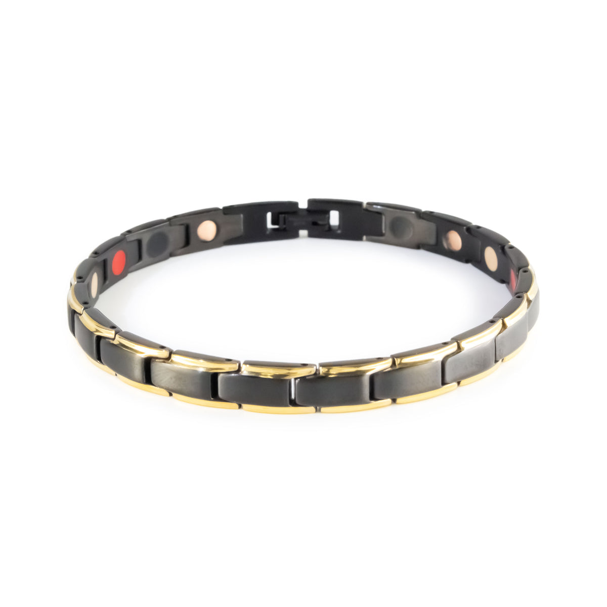 Lineage negative ion bracelet with black stainless steel and gold, front clasped view.