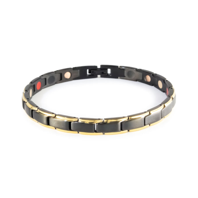 Lineage negative ion bracelet with black stainless steel and gold, front clasped view.