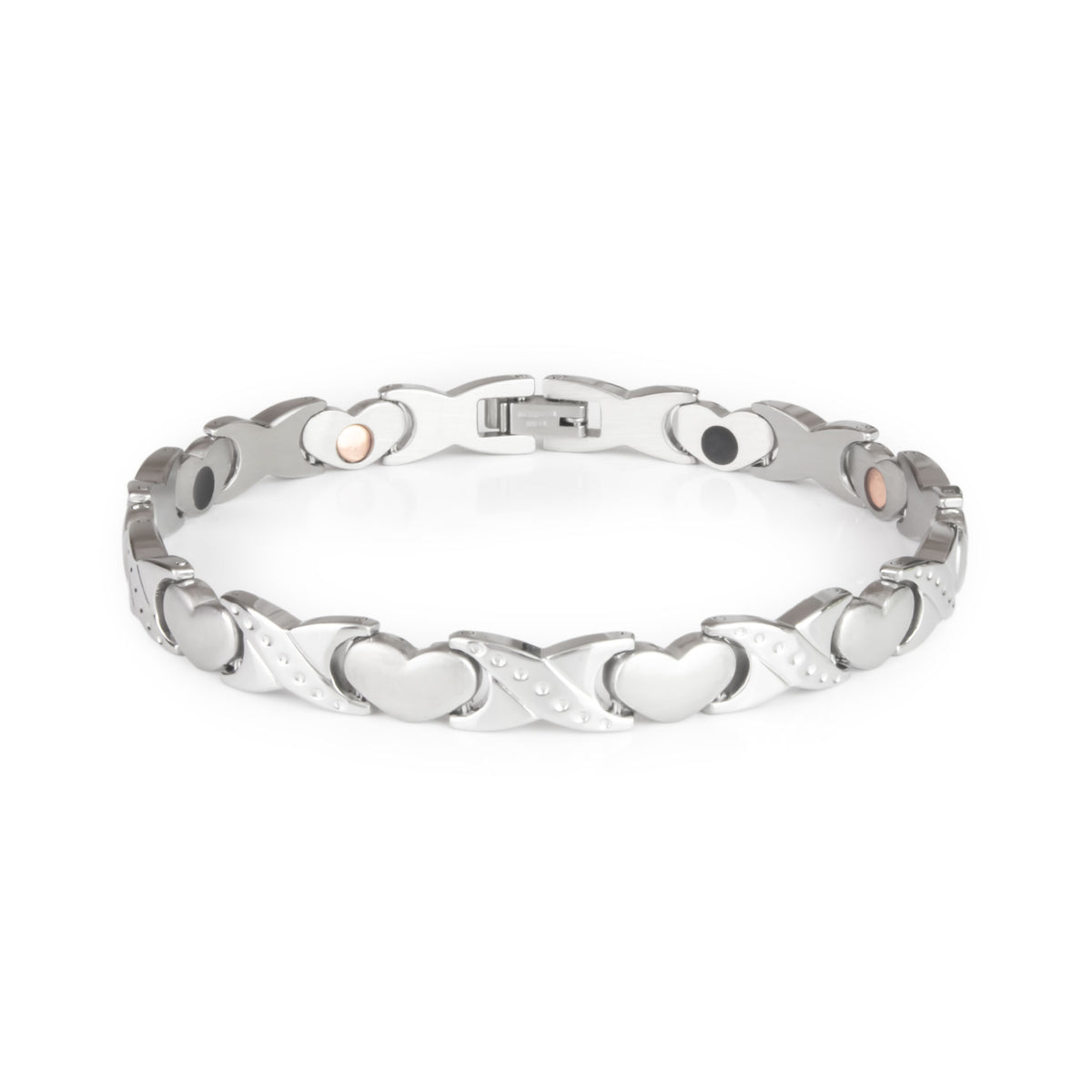 Love stainless steel bracelet with alternating matte heart-shaped links and polished X links featuring dotted accents and embedded negative ion elements.