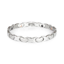 Love stainless steel bracelet with alternating matte heart-shaped links and polished X links featuring dotted accents and embedded negative ion elements.