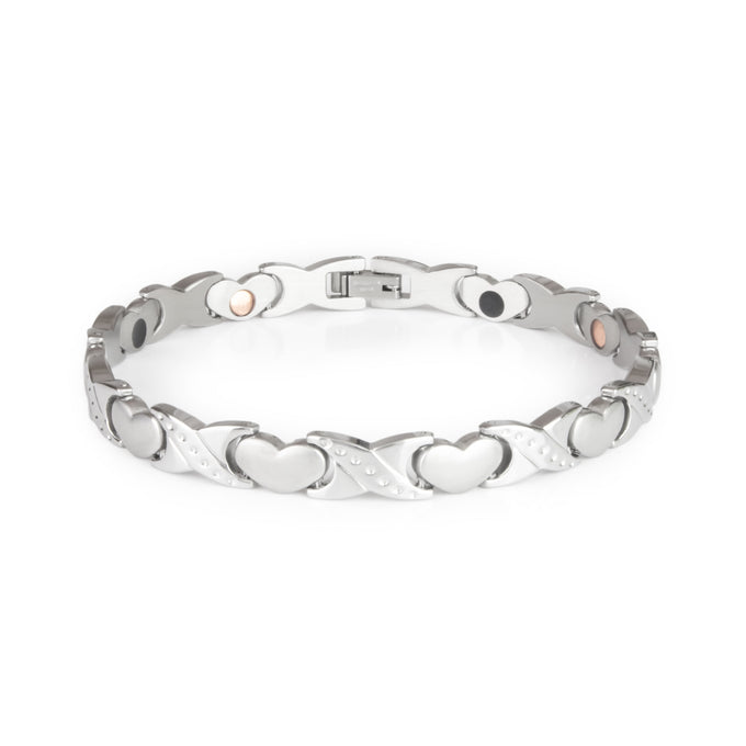 Love stainless steel bracelet with alternating matte heart-shaped links and polished X links featuring dotted accents and embedded negative ion elements.