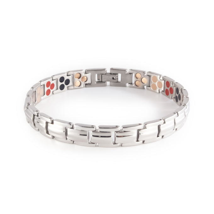Lumina polished stainless steel bracelet clasped front view.