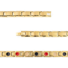 Close-up of Luminosity bracelet showing radiant gold finish with matte center detail and embedded negative ion elements.