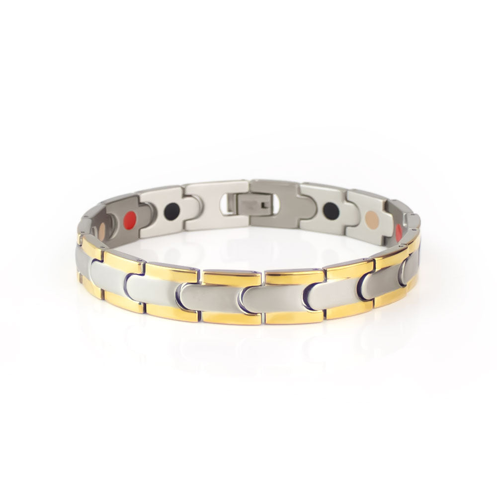 End of Summer Sale - Magnificent - Premium Hand Mineral-Infused Negative Ion Bracelet, Stainless Steel, Gold Finish, Polished Statement Look, Secure Branded Buckle, Jointed Comfort Fit, Limited Lifetime Warranty