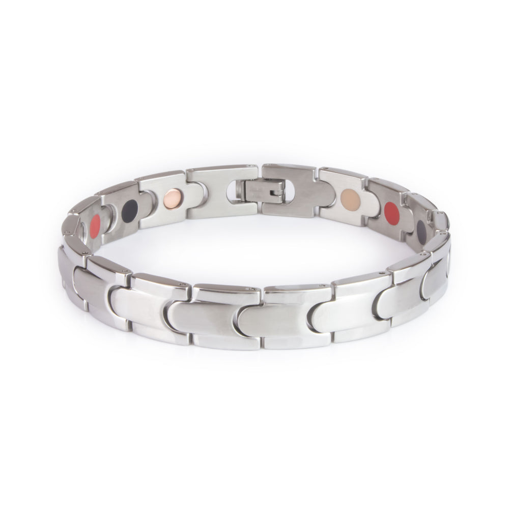 Maverick stainless steel bracelet front view showing curved puzzle-style interlocking links with matte centers and polished edges.