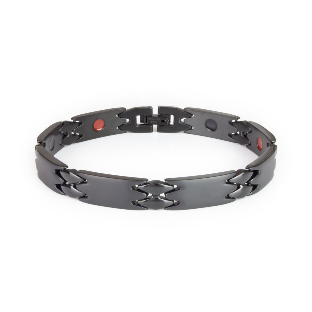 Millennial black stainless steel bracelet front view showing matte black links and polished black spacers with single row of embedded elements.