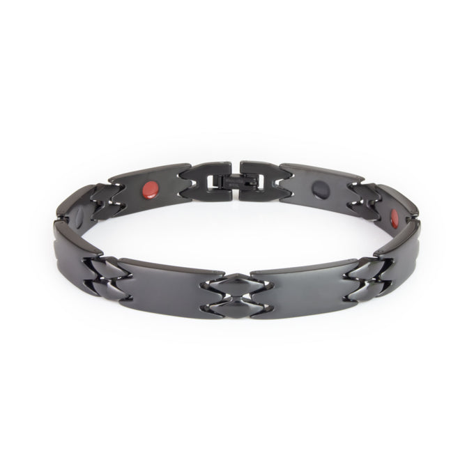 Millennial black stainless steel bracelet front view showing matte black links and polished black spacers with single row of embedded elements.