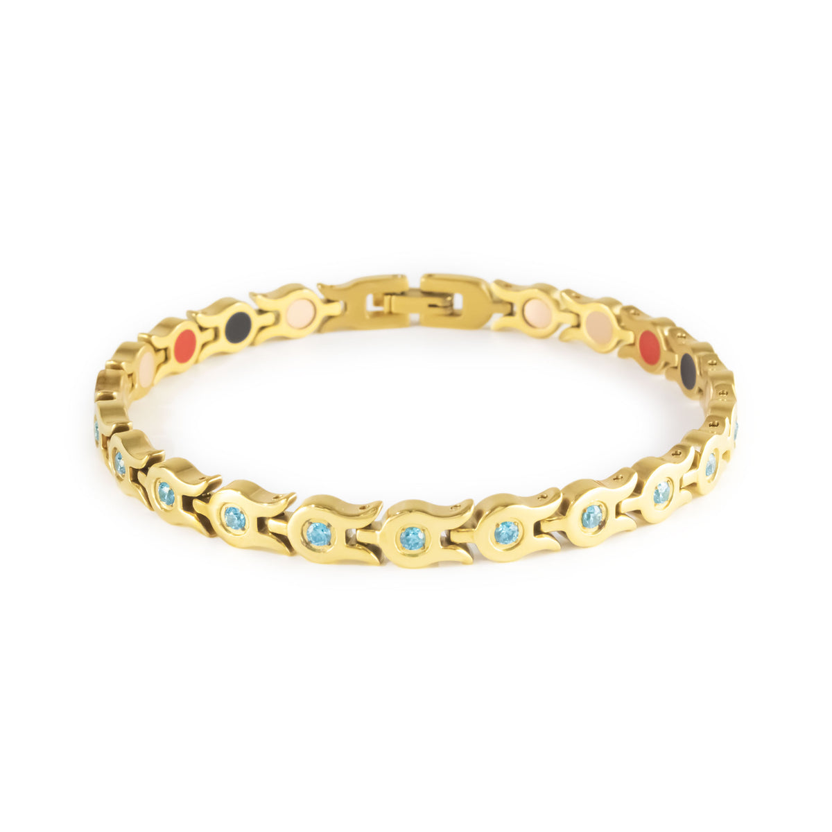 Mirage gold-plated stainless steel bracelet with light blue crystals clasped front view.