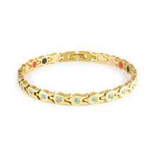 Mirage gold-plated stainless steel bracelet with light blue crystals clasped front view.
