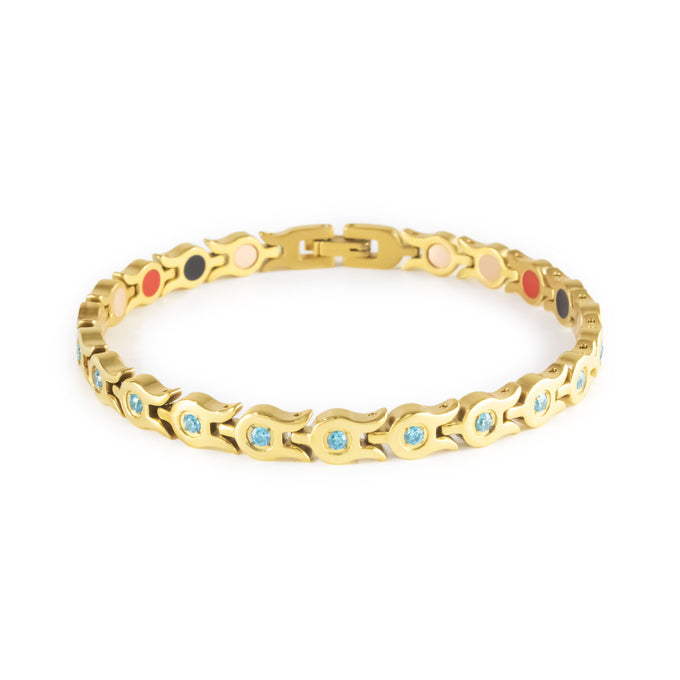 Mirage gold-plated stainless steel bracelet with light blue crystals clasped front view.