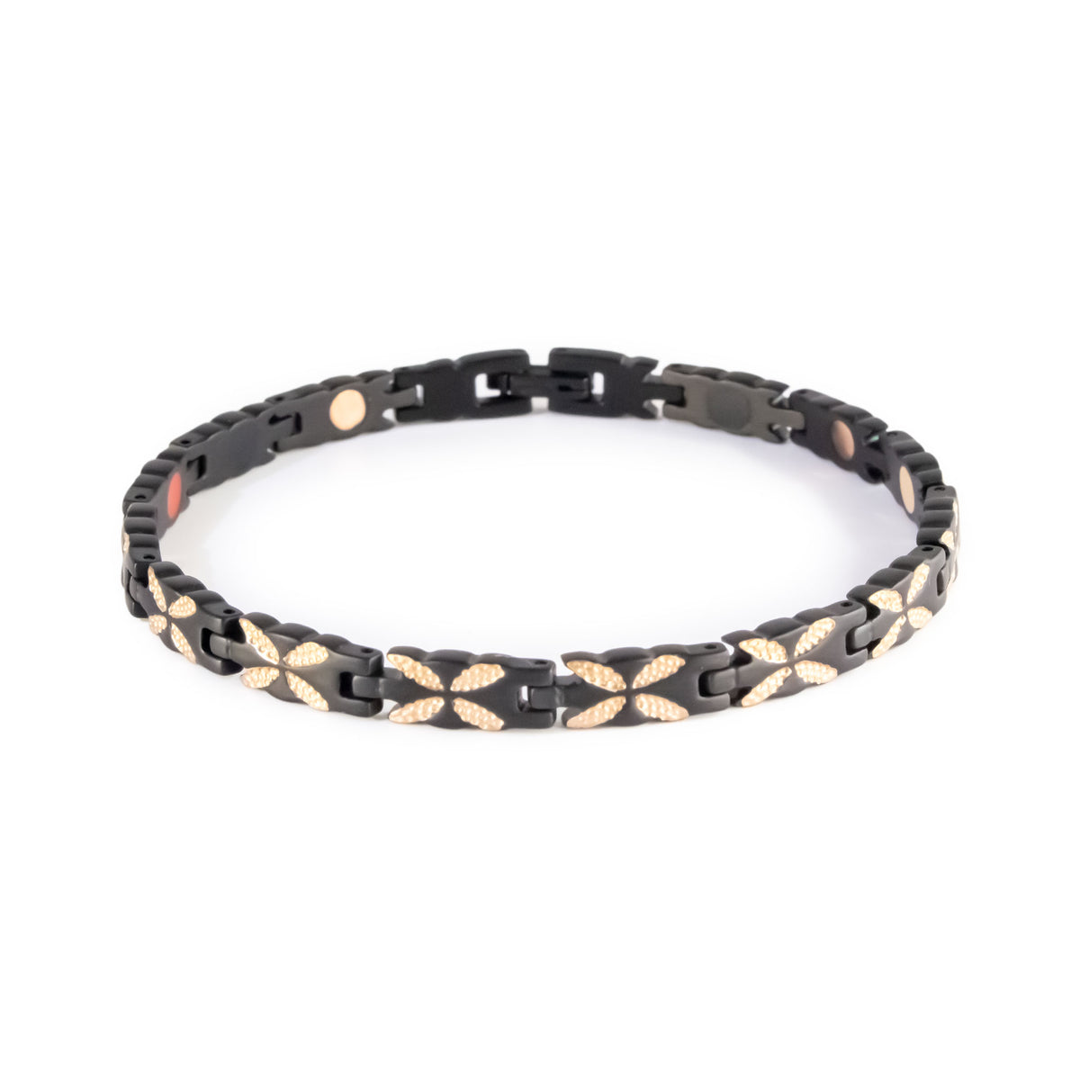Monarch negative ion bracelet with matte black stainless steel and rose gold links, front clasped view. 