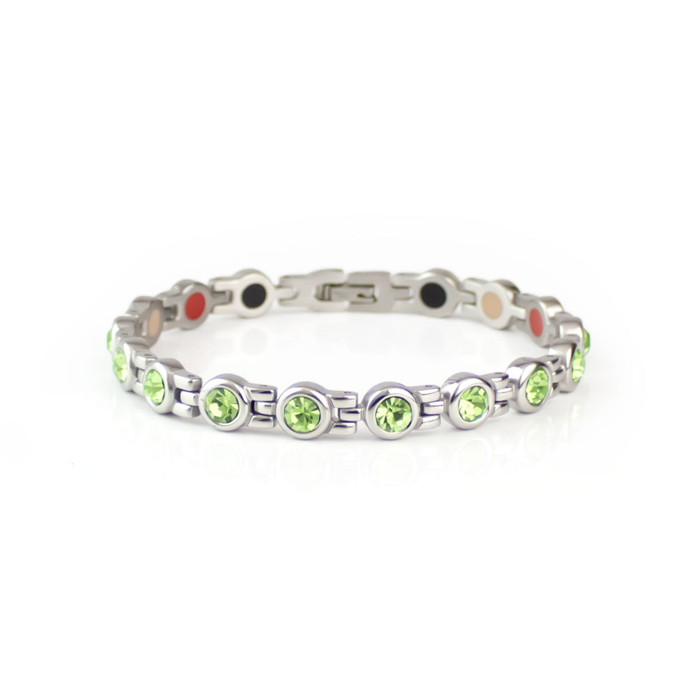End of Summer Sale - Myrtle - Premium Hand Mineral-Infused Negative Ion Bracelet, Stainless Steel, Swarovski Crystal Detail, Boutique Everyday Wear, Secure Branded Buckle, Jointed Comfort Fit, Limited Lifetime Warranty