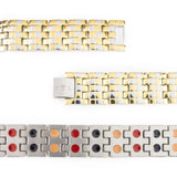 Close-up of Mysterious Twist bracelet highlighting gold and silver checkered links with dual embedded negative ion elements.