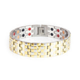 Mysterious Twist gold and stainless steel bracelet front view showing alternating gold-plated and steel links in a polished checkered pattern.