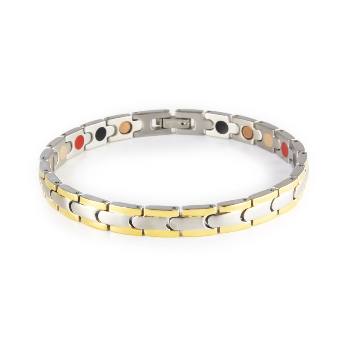 Nexus negative ion bracelet with stainless steel and gold, front clasped view. 