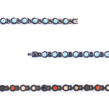 Close-up of Obsidian Tide bracelet showing round turquoise crystal links.