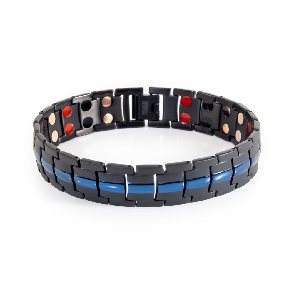 Ocean Night titanium bracelet front view showing matte black links with polished blue beveled accents.