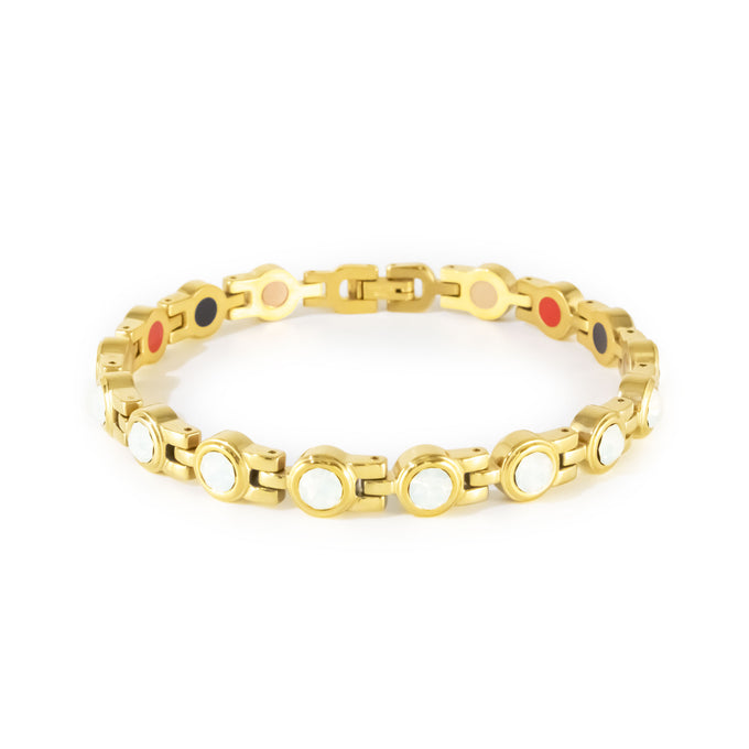 Opulent gold-plated stainless steel bracelet with white crystals clasped front view.