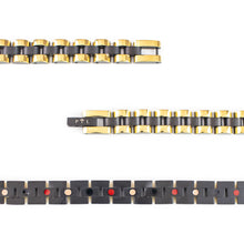 Close-up of Perfect Balance bracelet highlighting matte black center design and reflective gold-plated edges.