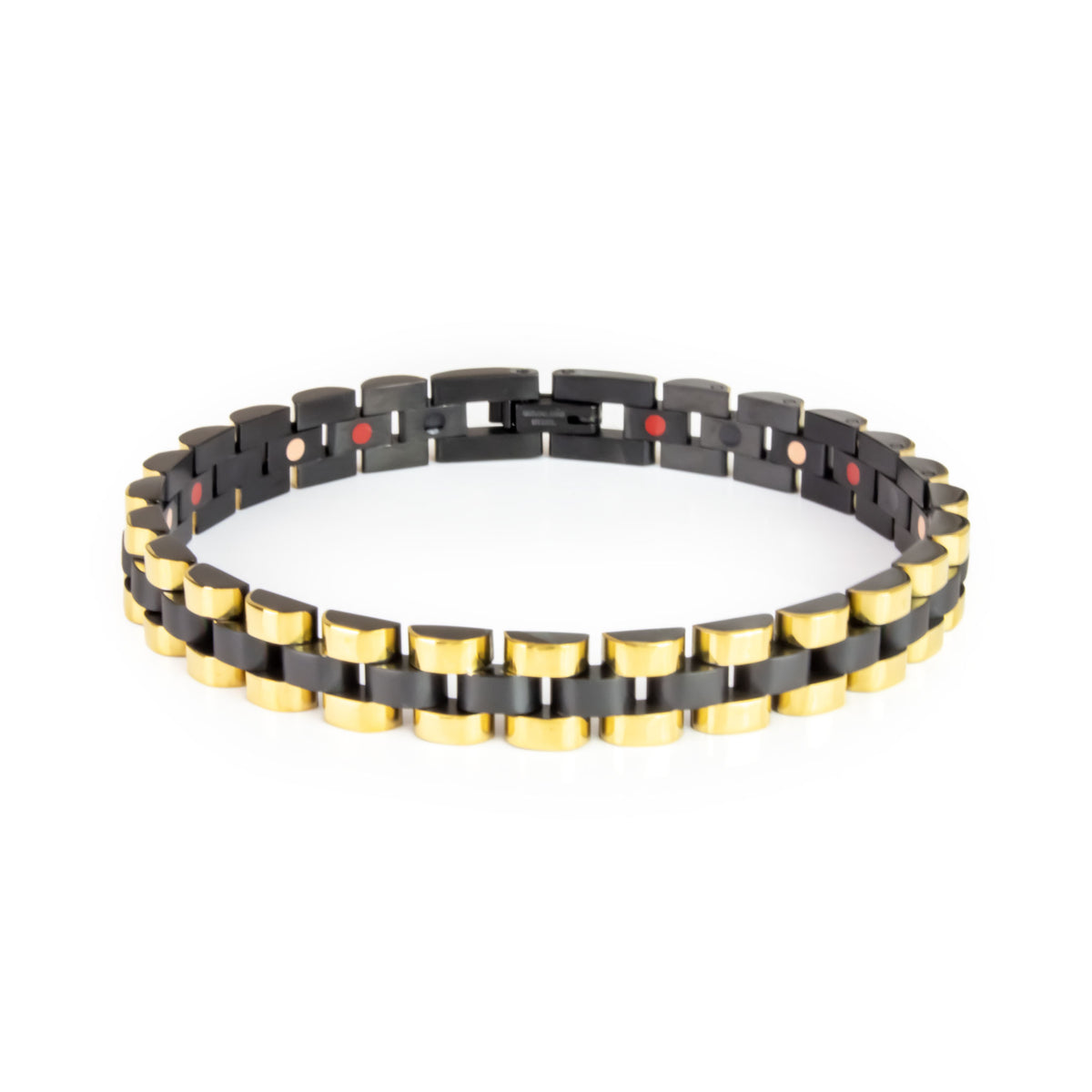 Perfect Balance black and gold stainless steel bracelet front view showing matte black center links and polished gold borders.