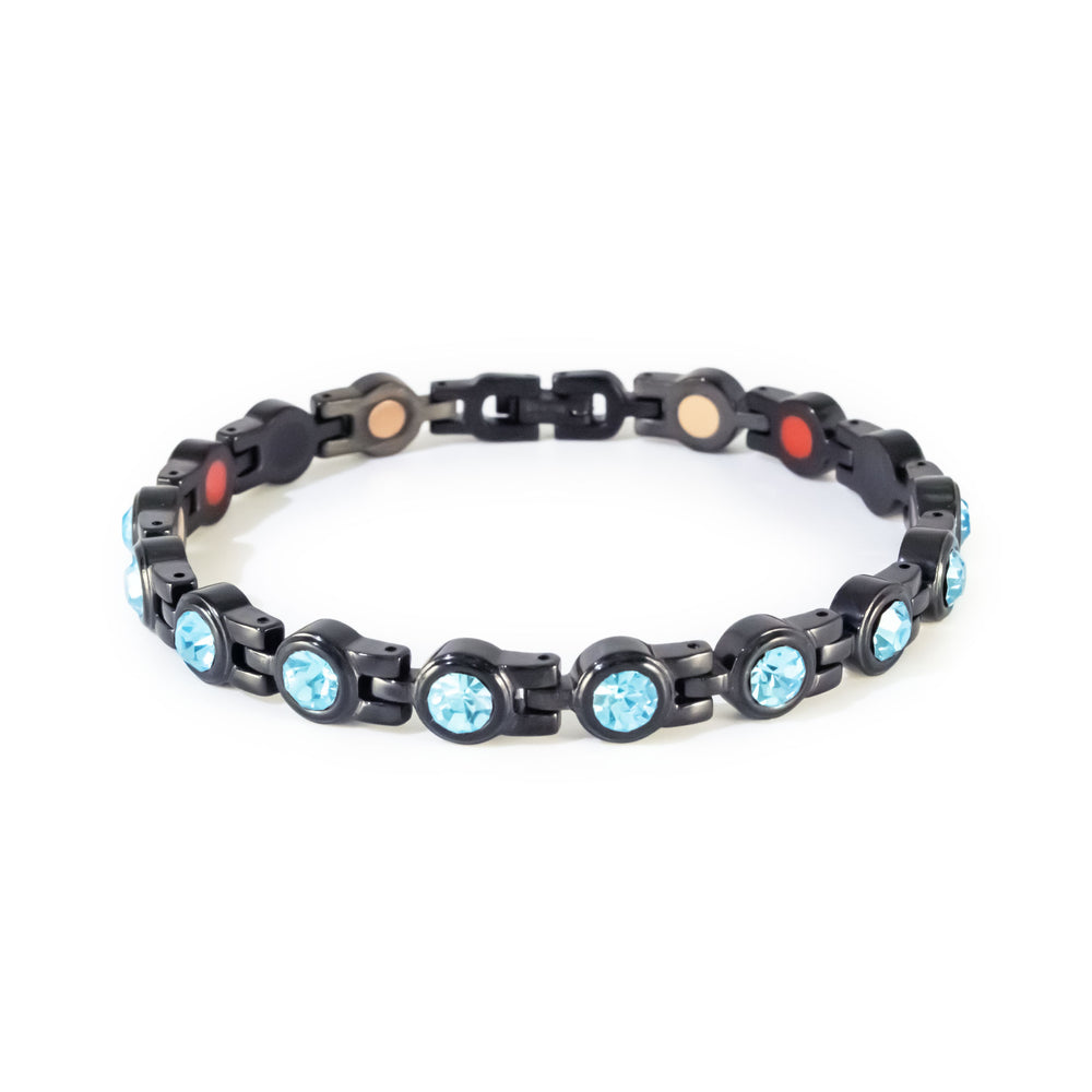 Polaris black stainless steel bracelet with aqua crystals clasped front view.