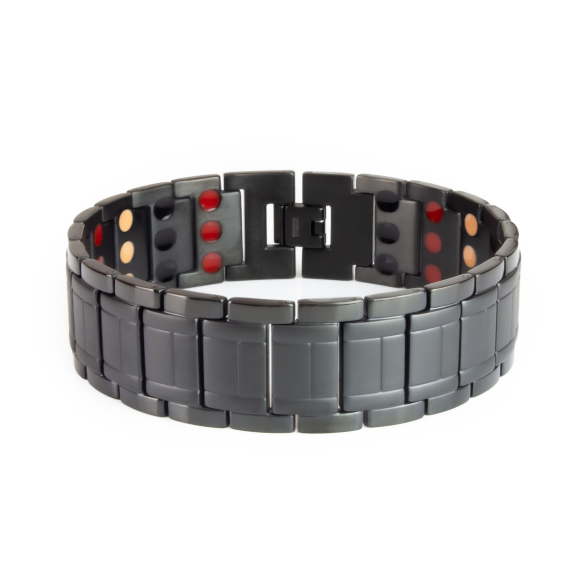Precious Black titanium bracelet clasped front view, showing matte engraved links with polished black borders and triple embedded negative ion elements.