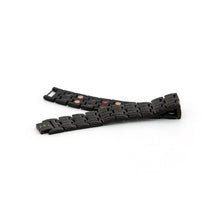 Pristine Black polished stainless steel bracelet unclasped and folded to display engraved pattern and link construction.