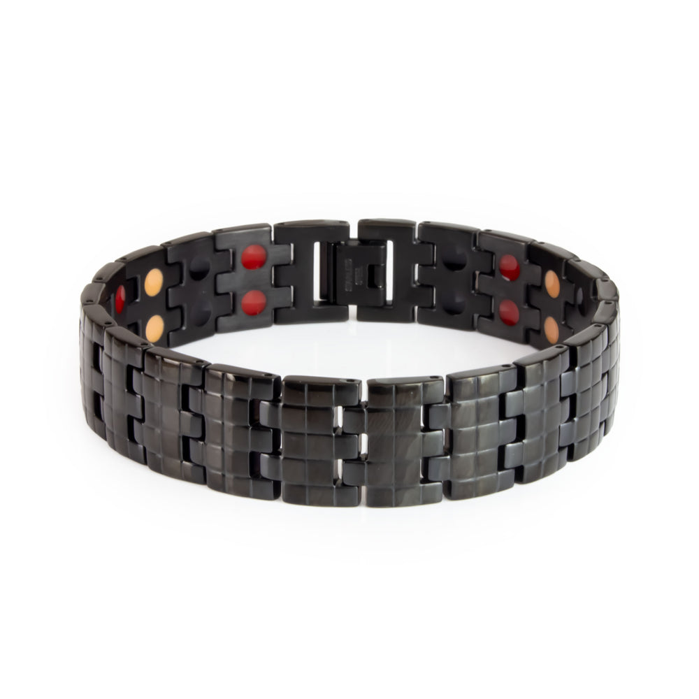 Pristine Black polished stainless steel bracelet front view showing engraved checkered pattern and sleek reflective finish.