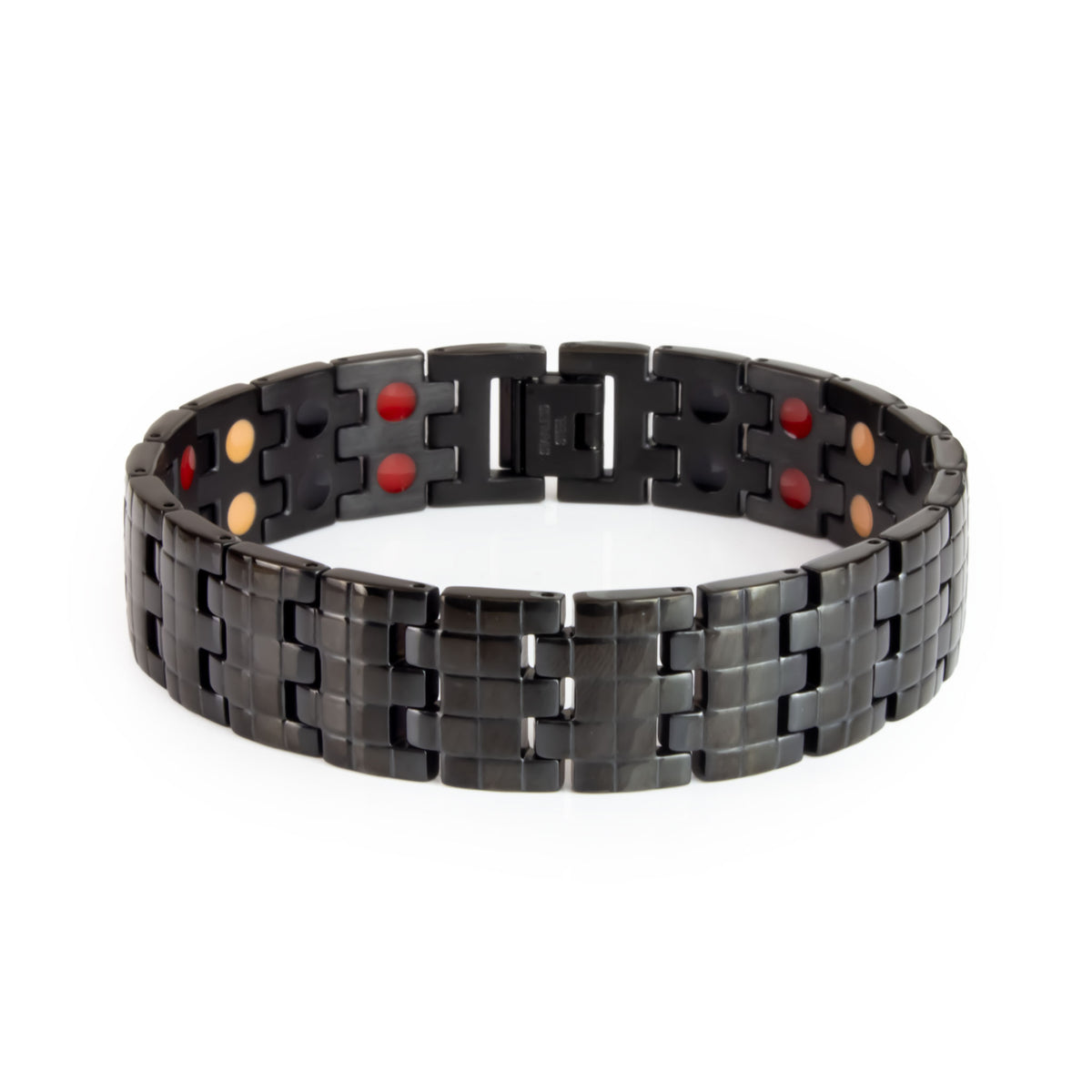 Pristine Black polished stainless steel bracelet front view showing engraved checkered pattern and sleek reflective finish.