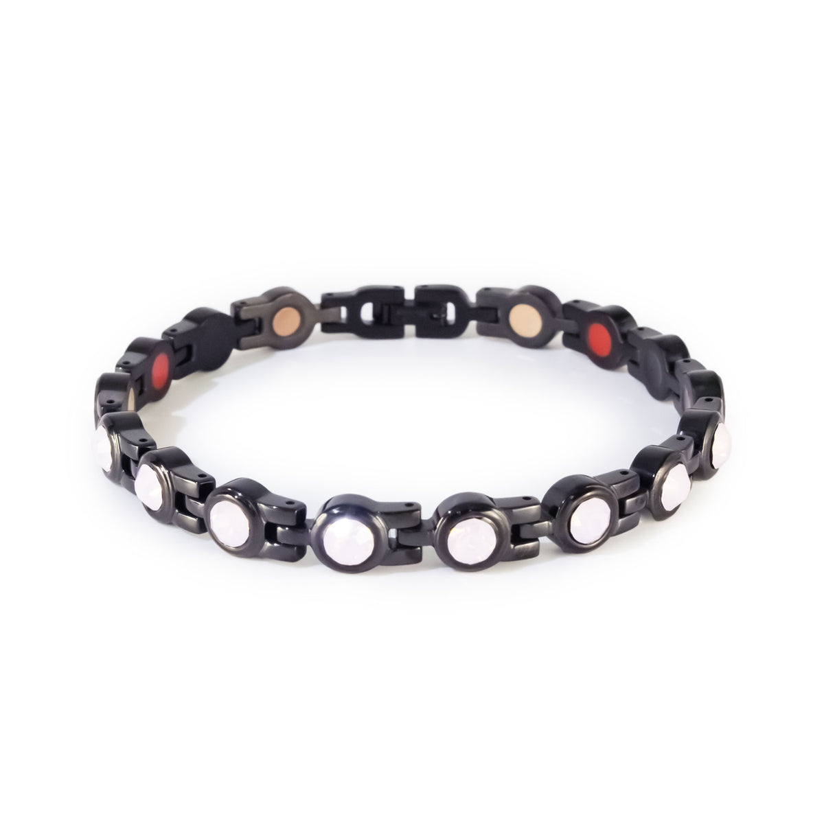 Black stainless steel bracelet with pink crystal details, clasped front view.