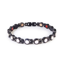 Black stainless steel bracelet with pink crystal details, clasped front view.