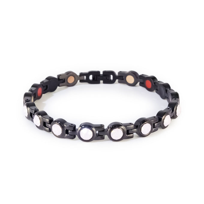 Black stainless steel bracelet with pink crystal details, clasped front view.
