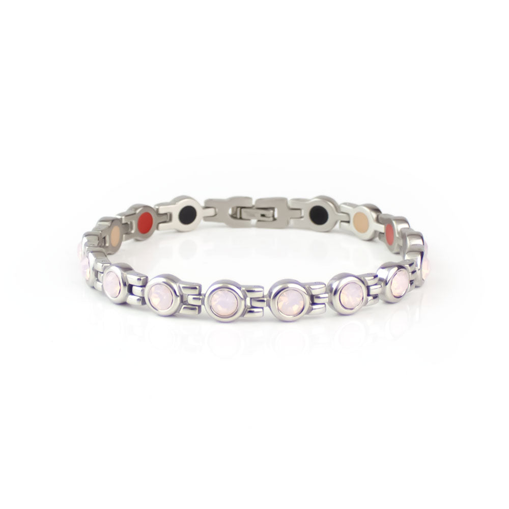 End of Summer Sale - Rose - Premium Hand Mineral-Infused Negative Ion Bracelet, Stainless Steel, Swarovski Crystal Detail, Warm Elegant Boutique Look, Secure Branded Buckle, Jointed Comfort Fit, Limited Lifetime Warranty