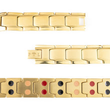 Close-up of Royal bracelet highlighting matte gold links, polished edges, and dual embedded negative ion elements.