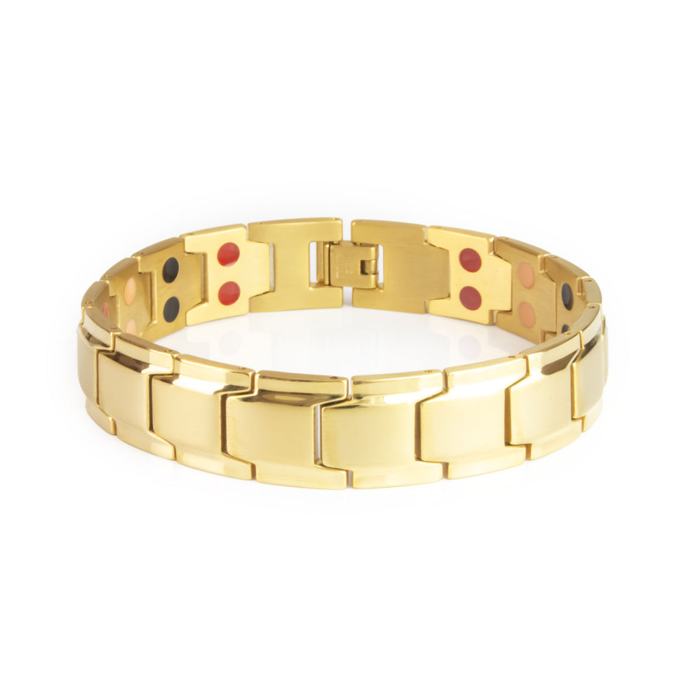 Royal matte gold stainless steel bracelet front view showing polished borders and angular link design.