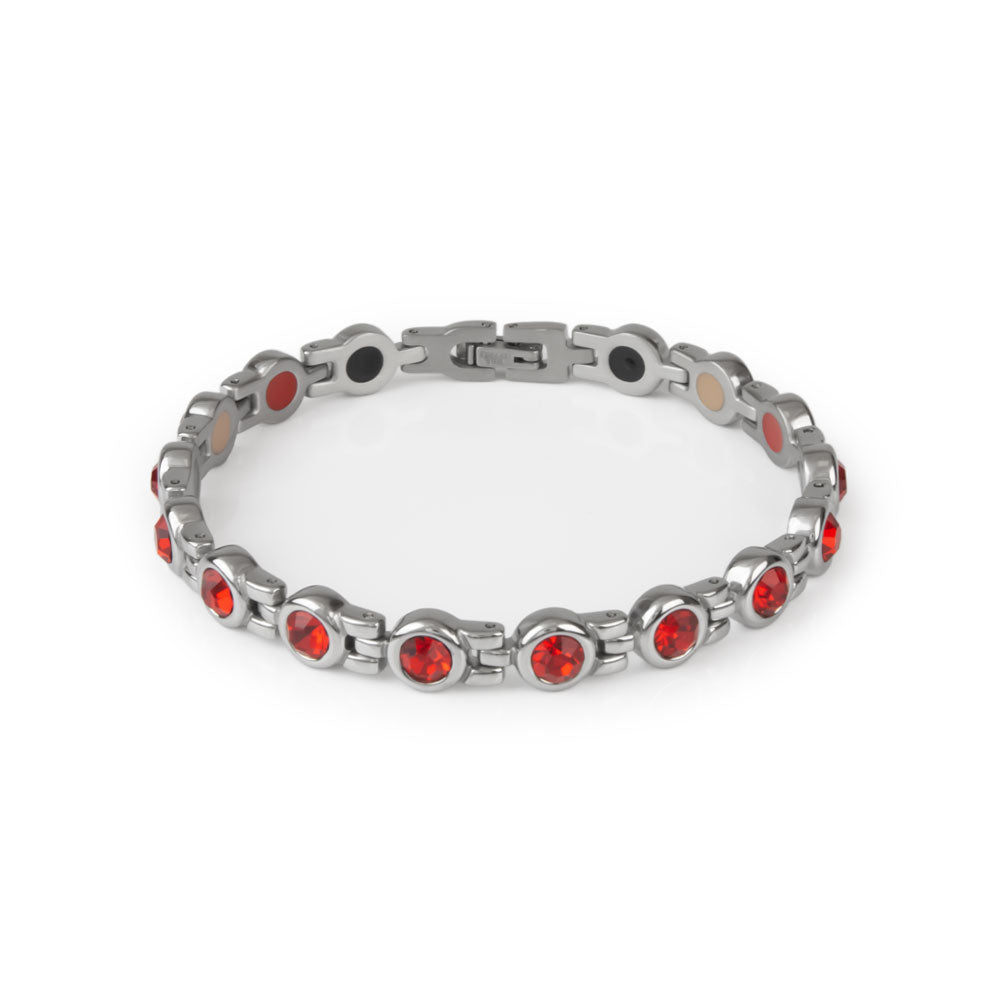 Labor Day Sale - Ruby - Premium Hand Mineral-Infused Negative Ion Bracelet, Stainless Steel, Crystal Detail, Boutique Everyday Wear, Secure Branded Buckle, Jointed Comfort Fit, Limited Lifetime Warranty