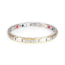 SandStorm stainless steel bracelet with matte links and thin gold-plated borders featuring single row of embedded negative ion elements.