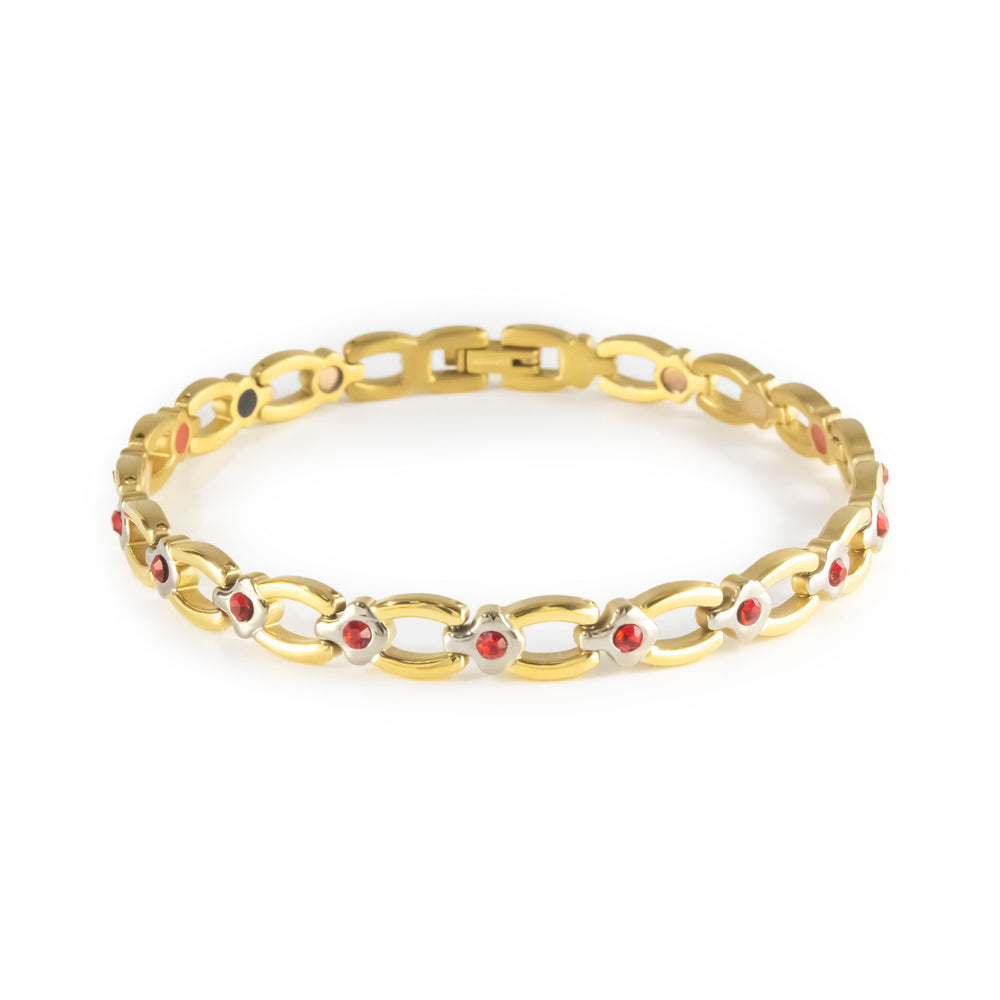 Scarlet gold-plated titanium bracelet with red crystal accents clasped front view.
