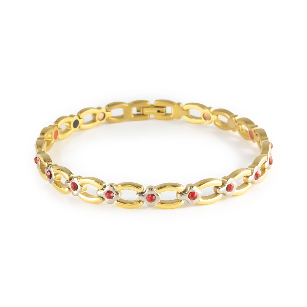 Scarlet gold-plated titanium bracelet with red crystal accents clasped front view.